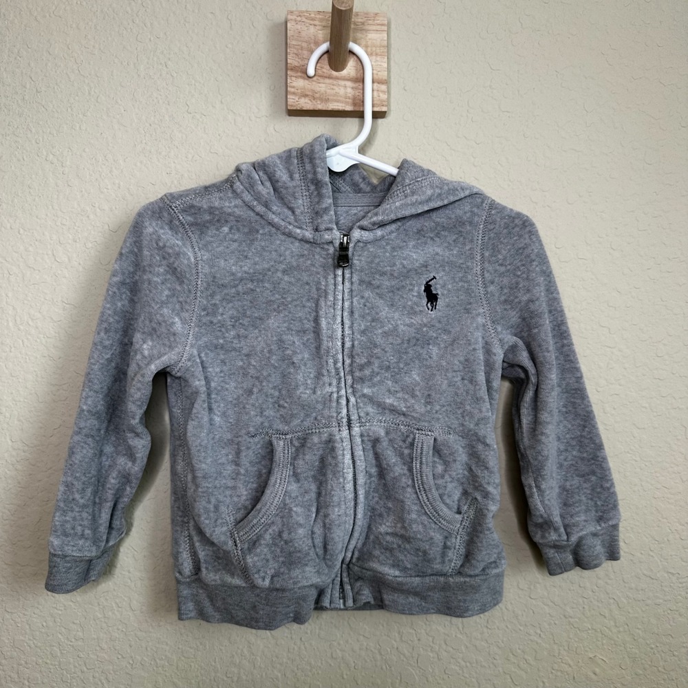 Ralph Lauren Baby Gray Velour Zip Up Hoodie Sweatshirt 18M Pony Logo
